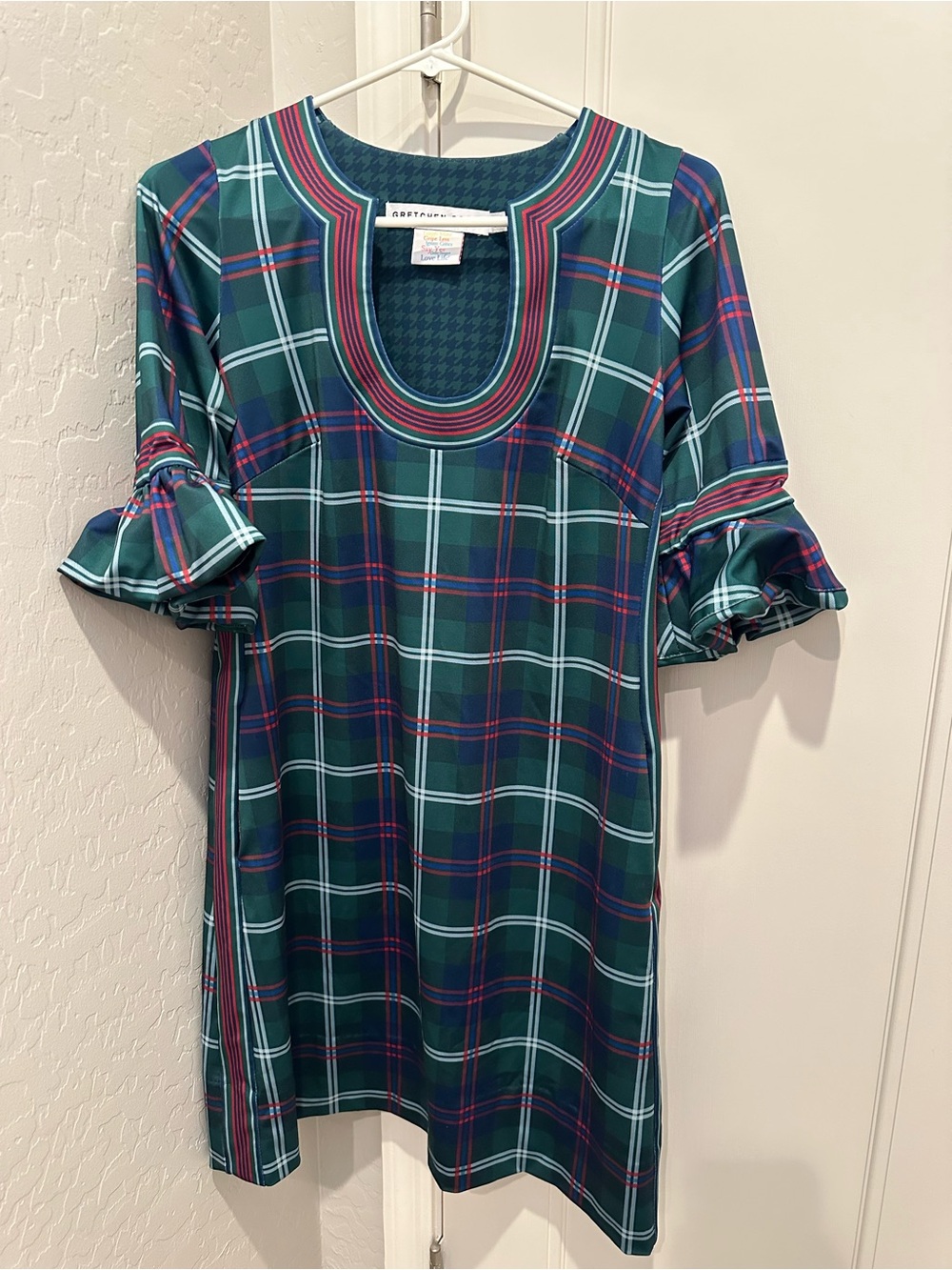 Gretchen Scott Green Plaid Scoop Neck Dress with Ruffle Sleeves